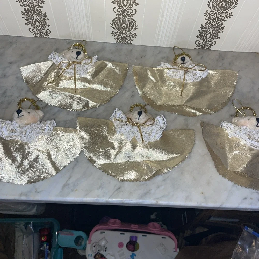 Set Of 5 Handmade Crafted Gold Angel Halo Plush Bears White Lace Collar Ornament